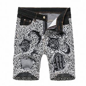 2023 Nieuwe Zomer Losse Rechte Been Heren Jeans Geborduurd Spinnenweb Mid Taille Fi Denim Shorts P0Ad #