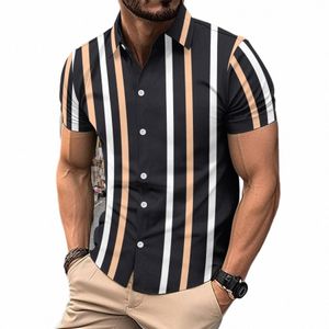 2023 Nouveaux hommes d'été décontractés chemise à revers à rayures verticales pour hommes slim fi haute qualité vêtements de rue chemise de vente chaude V36g #