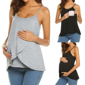 2023 Nouvelle été des femmes enceintes enceintes T-shirts de maternité des femmes enveloppement de soins infirmiers top sans manches à double couche Tee L2405