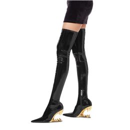 2023 Nouveau Tigre Dents En Forme De Talon Femmes chaussures Pointu Haut Talon Laqué En Cuir Sexy Mode Wrap Jambe Élastique Bottes Sur Genou Bottes