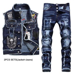 2023 Nouveaux Survêtements Bleu Hommes 2 Pièces Ensembles Mode Slim Casual Broderie Crâne Denim Gilet et Patch de Peinture Ragged Stretch Jeans Co276P