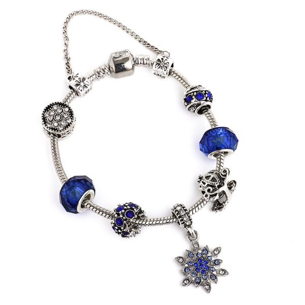 2023 New Trendt Fashion Charm Pendant Bracelet para Pandora Platinum Heart DIY Blue Gemstone Beaded Snowflake Pendant Lady Bracelet con caja original para mujer