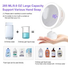 2023 Nouveau support mural Dispensateur de savon en mousse Automatique HD Magniseur de verre LED Bill Fight Temperature Affichage à main Washe pour salle de bain