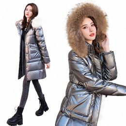 2023 Nouveau hiver Fi col de fourrure brillant visage vers le bas manteau femme mi-longue doudoune genou épaissi chaud manteau Cott S9mo #