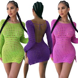 2023 Nouvelles femmes robes décontractées sexy couleur unie mode col rond évidé glace soie à manches longues robe midi robes pour femmes vêtements