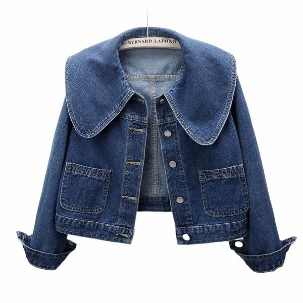 2023 Nuevas mujeres Chaquetas de mezclilla Coreano Marinero Collar Fi LG Mangas Butt Jean Coat Vintage Cultivo Mujer Casual Outwear Outwear E0sJ #