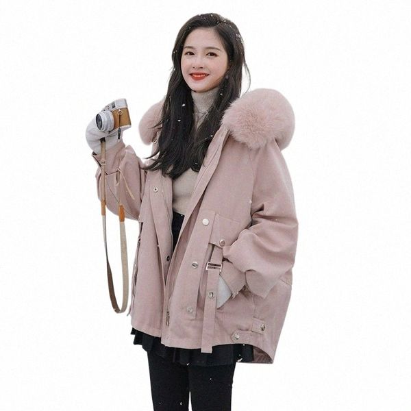 2023 Nuevas mujeres abajo chaqueta abrigo de invierno femenino simplicidad corta vestido parkas sueltas gruesas outwear artificial cuello de piel abrigo p3mq #