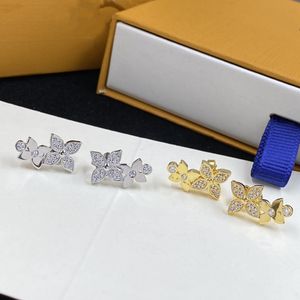 2023 Nieuwe Vrouwen Mode Studs Sieraden Goud/Zilver Dual Bloem Oorbellen Prinses Zoete Diamant Ins Populaire Stud Bruiloft Bloemen oorbel Gift