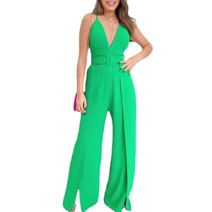 2023 Nieuwe vrouwelijke jumpsuits Rompers SNE0165 Designer Solid Color One-Piece Suspenders diep V-hals Slit Wide been broek Zomer Casual mode broek Straatkleding