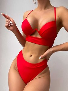 2023 Nieuwe Vrouwen 2 Stuks Badpak Dames Bikini Set Effen Kleur Mouwloze Push Up Bh String Bodems Bikini badpakken