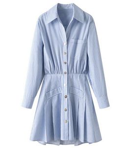 2023 nouvelle robe pour femmes bleu et blanc rayé chemise col jupe courte