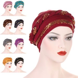 2023 Nouveaux soins capillaires pour femmes Maillot islamique Foulard Hijab musulman Paillettes Tresse Wrap Stretch Turban Chapeau Chemo Cap Head Wrap Caps