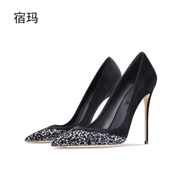 2023 nouvelles femmes daim noir couleurs mélangées bout pointu chaussures à talons hauts élégant Chic talon mince robe de soirée pompes à talons aiguilles 6/8 cm 10 cm