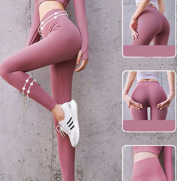 2023 Nouveau pantalon de yoga Aucune trace de nudité Femmes Fesses de pêche Leggings hauts Short taille et hanches hautes Pantalon de sport Gardez votre ventre dans des leggings serrés