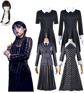 2023 Nouvelle série télévisée américaine Mercredi Addams Cosplay Costume Nevermore JK Uniforme scolaire Perruque Robe Adulte Homme Femme Costume de fête