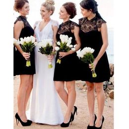 2023 Nieuwste Black Lace Korte Bruidsmeisjesjurk Goedkope Beach Wedding Guest Gown Party Cocktail Maid Of Honor Jurken