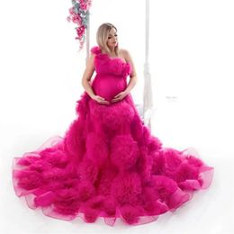 Robe de maternité en Tulle à fleurs Fuchsia faites à la main, jolie robe trapèze florale pour femmes enceintes, asymétrique épaule dénudée, nouvelle collection 2023