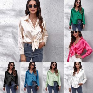 ¡Novedad de 2023! Camisas para mujer, camisetas de alta calidad, camisa de satén, camisas de diseño de manga larga de Color sólido de seda de imitación para mujer