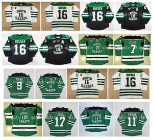 2023 Dakota del Norte Fighting Sioux Jerseys 11 Zach Parise 9 Jonathan Toews 16 Brock Boeser 7 T.j. Camiseta de hockey Oshie 17 Tyson Jost verde blanco