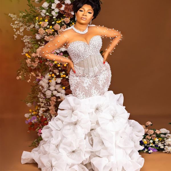 2023 Nov arabe Aso Ebi grande taille sirène robe de mariée blanche perles perles niveaux Organza robes de mariée robes ZJ302