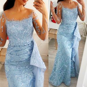 2023 nov Aso Ebi Arabisch licht Sky blauwe zeemeermin De bruid jurken pure nek avond prom Formal Party Birthday Celebrity Moeder van bruidegradenjurken jurk zj041