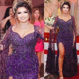 2023 Nov Aso Ebi Árabe Púrpura Sirena Vestidos para madre de la novia Lentejuelas de encaje Pluma Noche de fiesta Fiesta formal Cumpleaños Celebridad Vestidos para madre del novio Vestido ZJ03