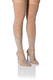 2023 Stivali sopra il ginocchio da donna nuda Stivali con strass in cristallo Bling Stivali con tacco alto Scarpe da donna con calza elastica 44