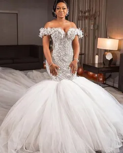 Robe de mariée sirène blanche luxueuse en Tulle et cristaux perlés, tenue de mariée arabe Aso Ebi, octobre 2023, ZJ303