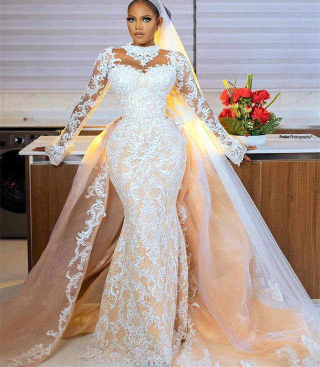 2023 Oct Arabic Aso Ebi Plus Size Champagne Mermaid Wedding Dress Lace Detachable Train Bridal Gowns Dresses ZJ033