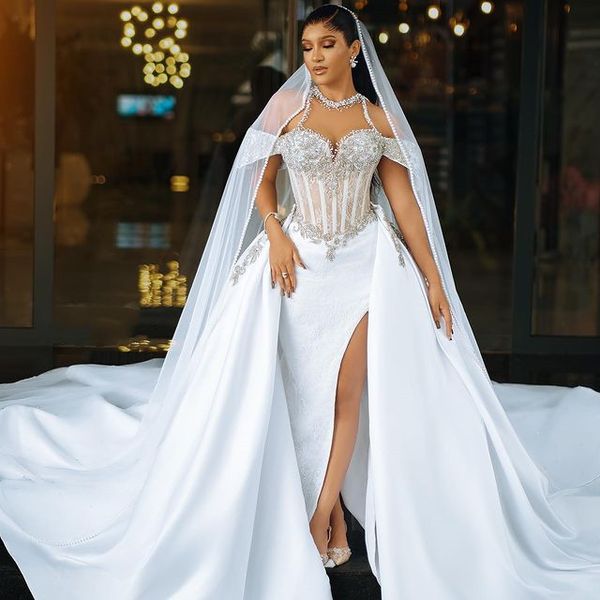 2023 Oct Árabe Aso Ebi Vestido de novia de sirena de encaje de talla grande Cristales con cuentas Tren desmontable Vestidos de novia ZJ211