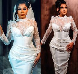 2023 oktober Arabische Aso ebi plus size mantel kanten witte trouwjurk parels thee lengte bruidsjurken jurken zj644