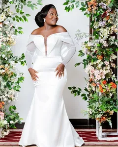 2023 Oct Arabe Aso Ebi Grande Taille Simple Robe De Mariée Sirène Blanc Satin Sexy Élégant Robes De Mariée Robes ZJ505