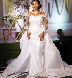 2023 Oct Arabe Aso Ebi Grande Taille Robe De Mariée Sirène Blanche Dentelle Perlée Paillettes Robes De Mariée Robes ZJ505