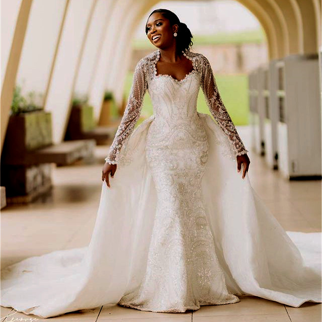 Robe de mariée sirène blanche, grande taille, arabe, Aso Ebi, luxueuse, luxueuse, en dentelle pailletée, Sexy, robes de mariée, ZJ406, octobre 2023