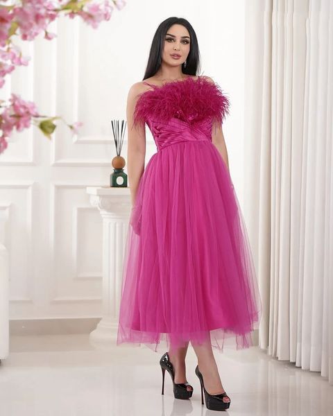 2023 Okt. Aso Ebi Arabisch A-Linie Fuchsia Mutter der Braut Kleider Feder Tüll Abend Ball formelle Party Geburtstag Promi Mutter des Bräutigams Kleider Kleid ZJ349