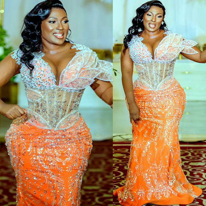 2023 Oct Aso Ebi Arabic Orange Mermaid Prom Dress Sequined Lace Evening Formal Party Second Reception Birthday Engagement Gowns Dresses Robe De Soiree ZJ64