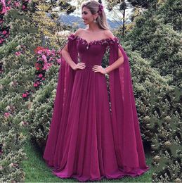 2023 Off de schouder 3D Flowers Long prom jurken Chiffon Speciale gelegenheid feestjurken Vestidos de Fiesta