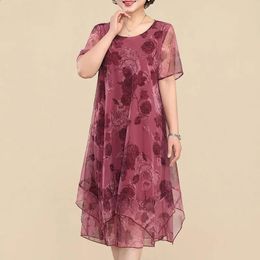2023 Oneck robes à manches courtes vintage imprimé floral gaze d'été épissé vêtements pour femmes élégant irrégulière robe midi en vrac 240313