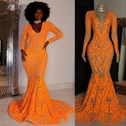 2023 Orange prom -jurken Mermaid Deep V nek kanten applique lange mouwen pailletten plooien op maat gemaakte avondjurk formele gelegenheid slijtage vestidos plus maat
