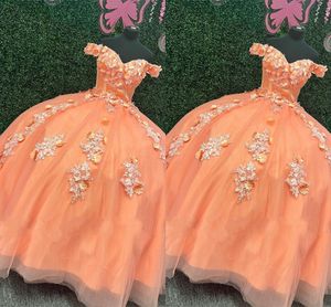 2023 Orange Quinceanera Robes Sweet 16 Filles 3D Floral Fleurs Dentelle Applique Perlé Hors Épaule Robe De Bal Longue Robe De Bal Formelle Partie