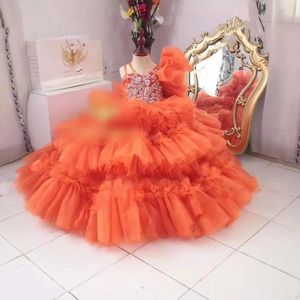 2023 Robe de bal chérie orange princesse pour enfants perles volants robes de concours de beauté robe d'anniversaire à plusieurs niveaux photographie 322
