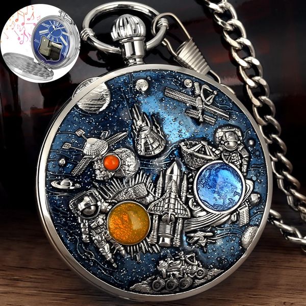 2023 Montre de poche musicale originale série spatiale Quartz pendentif pour hommes horloge dames collier montres objets de collection uniques cadeaux 240103