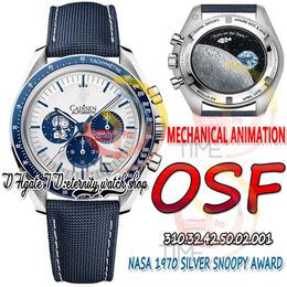 2023 OSF Moonwatch Silver Snoop Award Mens Watch Manual CRonograp White Dial 50th Anniversary (Animación mecánica real) Relojes de eternidad de nylon azul