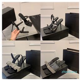 2023-Sandalia de nailon acolchada Crystal Scrunchie Designer Diamond Heels Sandals Elegant Womens Dress Pumps Leather Party Dressshoes Tamaño 35-42