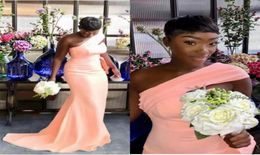 2023 Peach Sexy Sirène Robes de demoiselle d'honneur pour fille noire africaine Une épaule longue robe de soirée de mariage en satin femmes formelle bal Go3461075