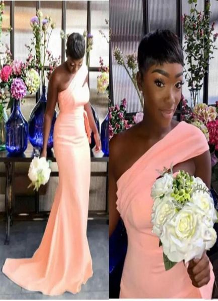 2023 Peach Sexy Sirène Robes de demoiselle d'honneur pour fille noire africaine Une épaule longue robe de soirée de mariage en satin femmes formelle bal Go5420476