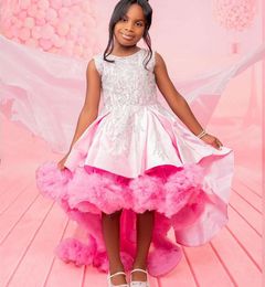 2023 Pink Beaded Flower Girl Dresses A-line Hi-Lo Satin Tiers Tulle Tutu Lilttle Kids Birthday Pageant Vestidos de boda ZJ5145