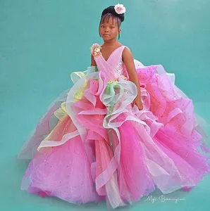 2023 Robes de fille de fleur en perle rose robe de bal de balle en tulle tutu tutu lilttle kid anniversaire concours de marins de marins zj5164