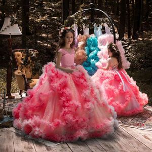 2023 roze blauwe bloemenmeisjesjurken 3D bloemen kristallen nek meisjes optocht jurk vestido de daminha jurk voor kinderen op maat gemaakte ruche tiered sweep train verjaardag