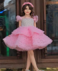 2023 Roze kristallen Parels Bloemmeisje Jurken Ball Jurk Tule Tiers knie lengte vintage kleine meid peateant jurken zj417